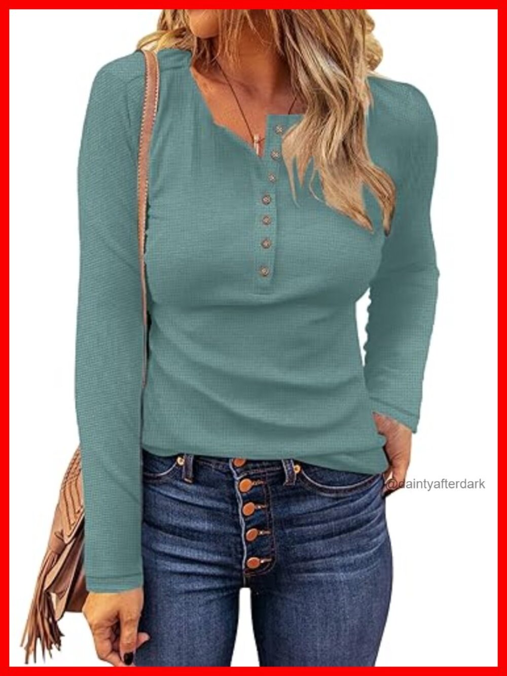Waffle Knit Long Sleeve Henley Tunic Top Slim Fit V-Neck Button Down Casual